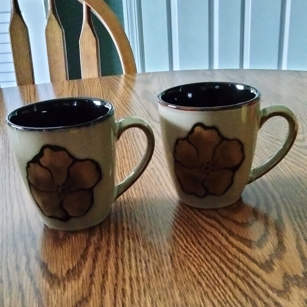 Beautiful Set of 2 Pfaltzgraff Coffee Cups Painted Poppies Pattern
